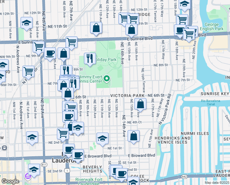 map of restaurants, bars, coffee shops, grocery stores, and more near 548 Northeast 13th Avenue in Fort Lauderdale