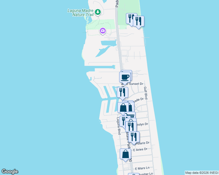 map of restaurants, bars, coffee shops, grocery stores, and more near 5900 Yucca Circle in South Padre Island