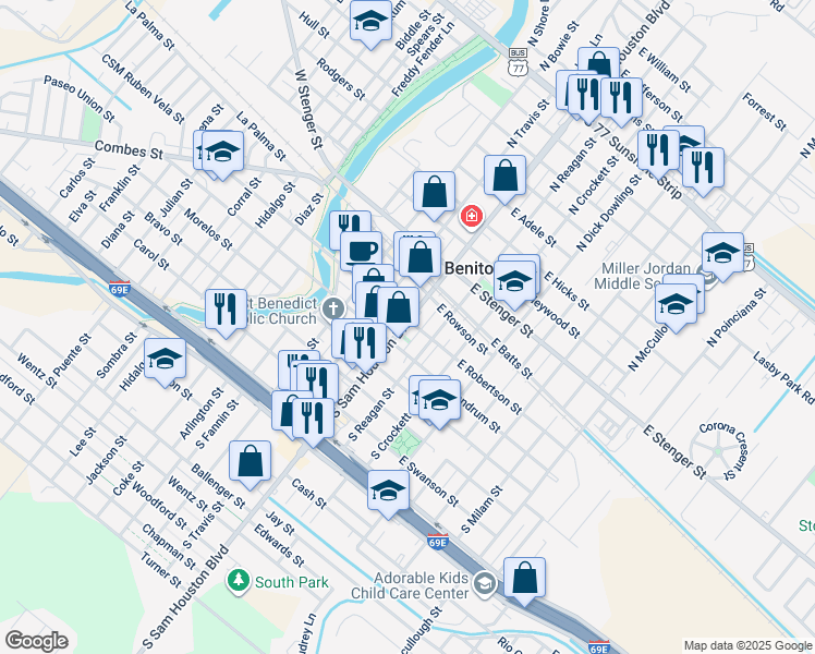 map of restaurants, bars, coffee shops, grocery stores, and more near 223 South Sam Houston Boulevard in San Benito