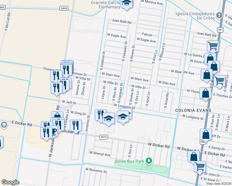 map of restaurants, bars, coffee shops, grocery stores, and more near 6803 South Rios Street in Pharr