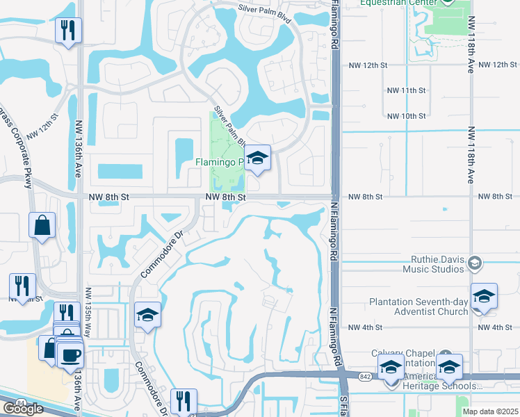 map of restaurants, bars, coffee shops, grocery stores, and more near 542 Vista Isles Drive in Plantation