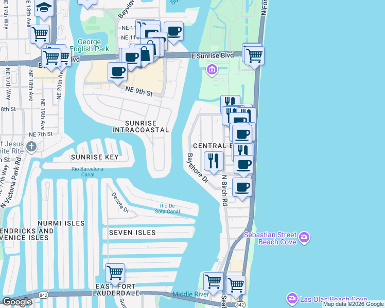 map of restaurants, bars, coffee shops, grocery stores, and more near 537 Bayshore Drive in Fort Lauderdale