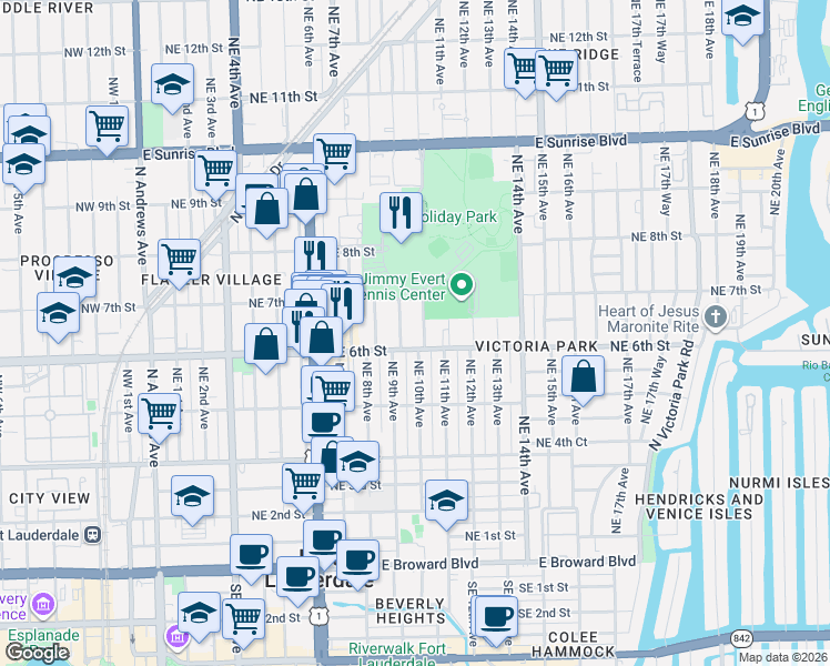 map of restaurants, bars, coffee shops, grocery stores, and more near 1001 Northeast 6th Street in Fort Lauderdale