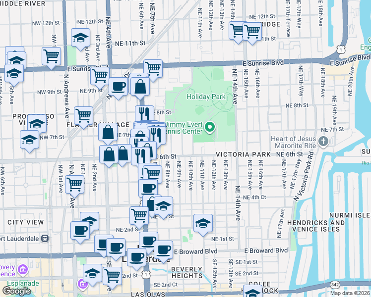map of restaurants, bars, coffee shops, grocery stores, and more near 549 Northeast 9th Avenue in Fort Lauderdale