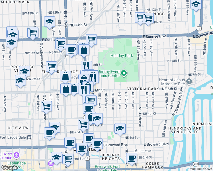 map of restaurants, bars, coffee shops, grocery stores, and more near 549 Northeast 9th Avenue in Fort Lauderdale