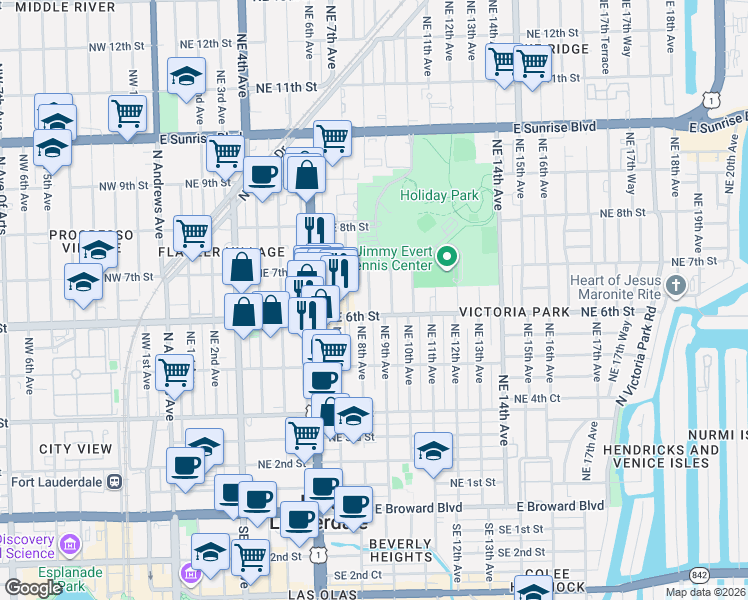 map of restaurants, bars, coffee shops, grocery stores, and more near 549 Northeast 9th Avenue in Fort Lauderdale