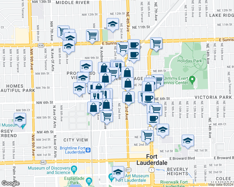 map of restaurants, bars, coffee shops, grocery stores, and more near 125 Northeast 6th Street in Fort Lauderdale