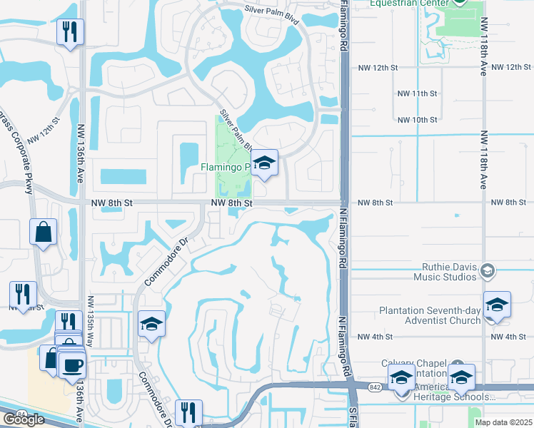 map of restaurants, bars, coffee shops, grocery stores, and more near 542 Vista Isles Drive in Plantation