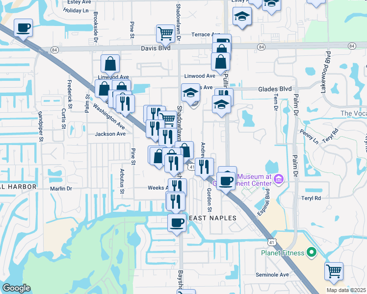 map of restaurants, bars, coffee shops, grocery stores, and more near 10 Bayshore Drive in Naples