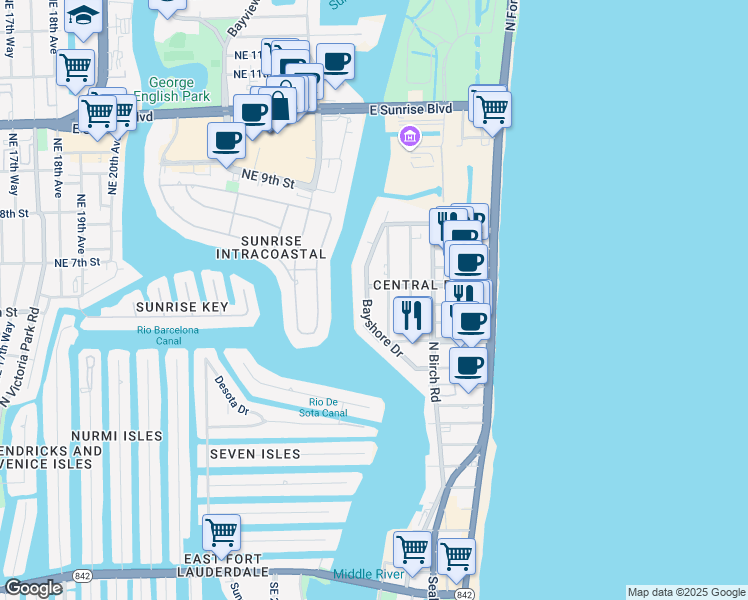 map of restaurants, bars, coffee shops, grocery stores, and more near 537 Bayshore Drive in Fort Lauderdale