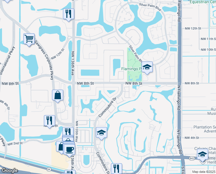 map of restaurants, bars, coffee shops, grocery stores, and more near 676 Northwest 133rd Way in Plantation