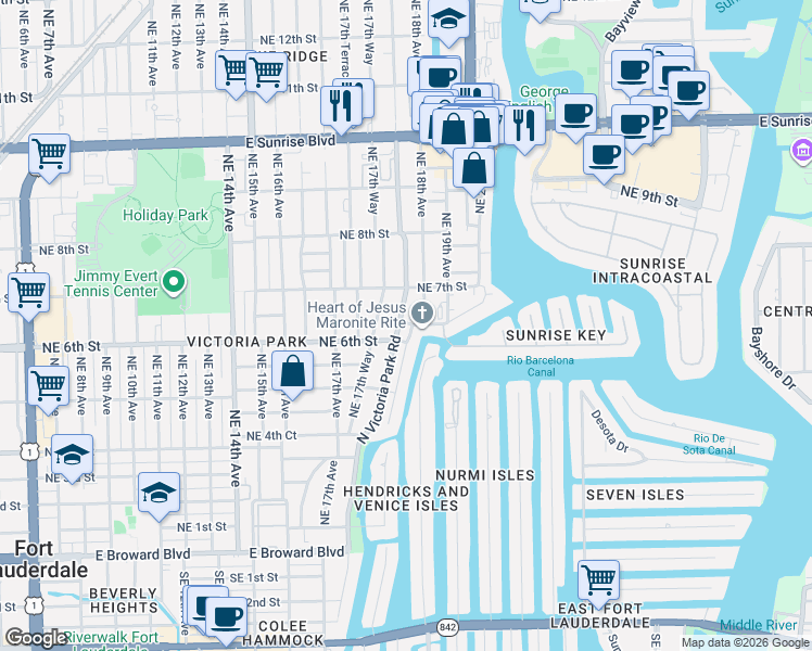 map of restaurants, bars, coffee shops, grocery stores, and more near 548 Victoria Terrace in Fort Lauderdale