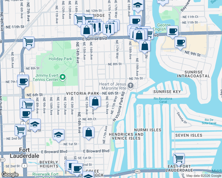 map of restaurants, bars, coffee shops, grocery stores, and more near 545 Northeast 17th Avenue in Fort Lauderdale