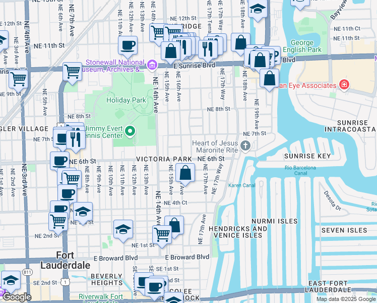map of restaurants, bars, coffee shops, grocery stores, and more near 1608 Northeast 6th Street in Fort Lauderdale