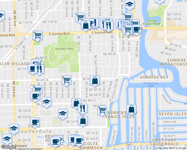map of restaurants, bars, coffee shops, grocery stores, and more near 1608 Northeast 6th Street in Fort Lauderdale