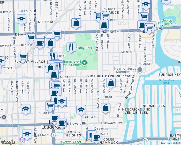 map of restaurants, bars, coffee shops, grocery stores, and more near 548 Northeast 13th Avenue in Fort Lauderdale