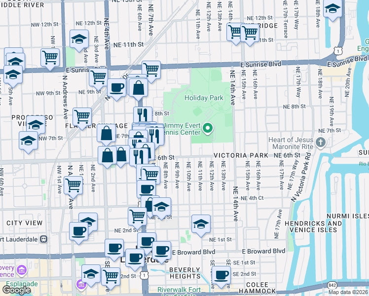 map of restaurants, bars, coffee shops, grocery stores, and more near 549 Northeast 9th Avenue in Fort Lauderdale