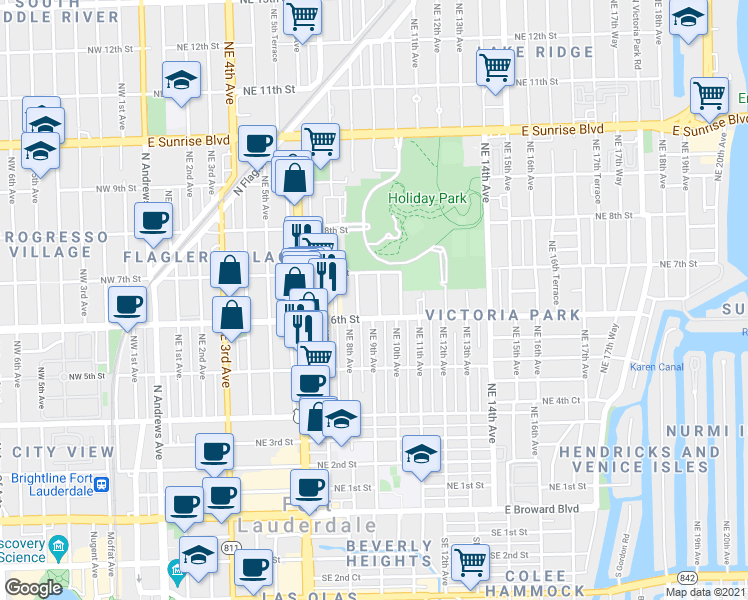 map of restaurants, bars, coffee shops, grocery stores, and more near 549 Northeast 9th Avenue in Fort Lauderdale