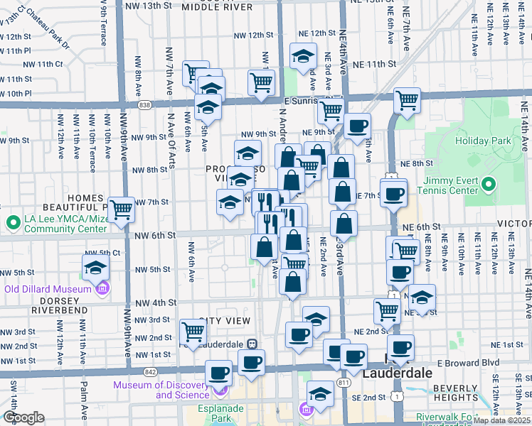 map of restaurants, bars, coffee shops, grocery stores, and more near 115 Northwest 6th Street in Fort Lauderdale