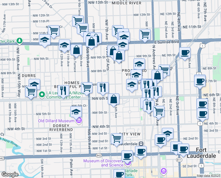 map of restaurants, bars, coffee shops, grocery stores, and more near 611 Northwest 7th Avenue in Fort Lauderdale