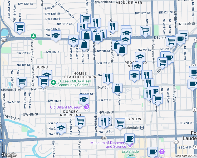 map of restaurants, bars, coffee shops, grocery stores, and more near 606 Northwest 8th Avenue in Fort Lauderdale