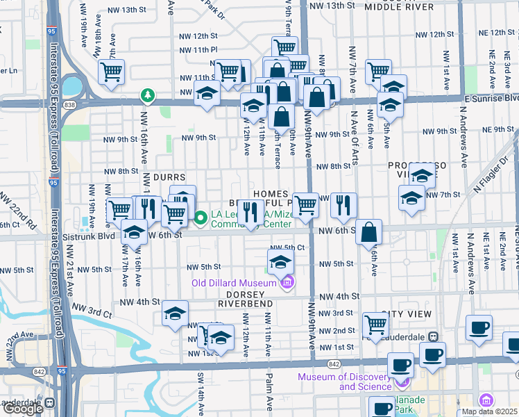 map of restaurants, bars, coffee shops, grocery stores, and more near 615 Northwest 11th Avenue in Fort Lauderdale