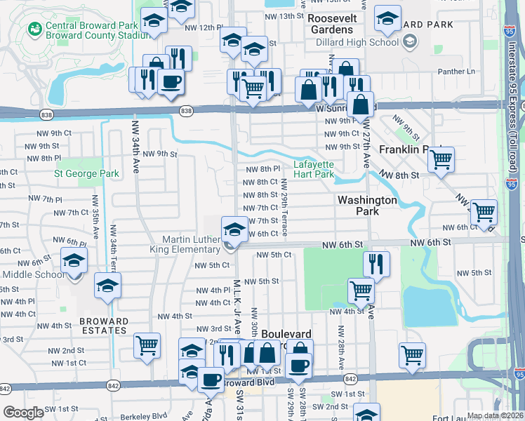 map of restaurants, bars, coffee shops, grocery stores, and more near 3050 Northwest 7th Street in Fort Lauderdale