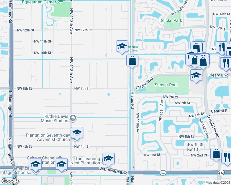 map of restaurants, bars, coffee shops, grocery stores, and more near 11251 Northwest 7th Street in Plantation