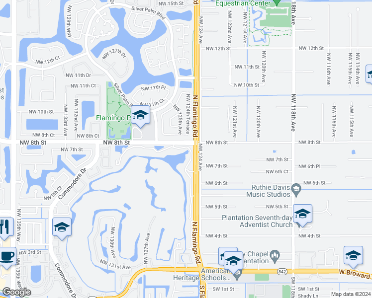 map of restaurants, bars, coffee shops, grocery stores, and more near 431 Northwest 125th Avenue in Sunrise