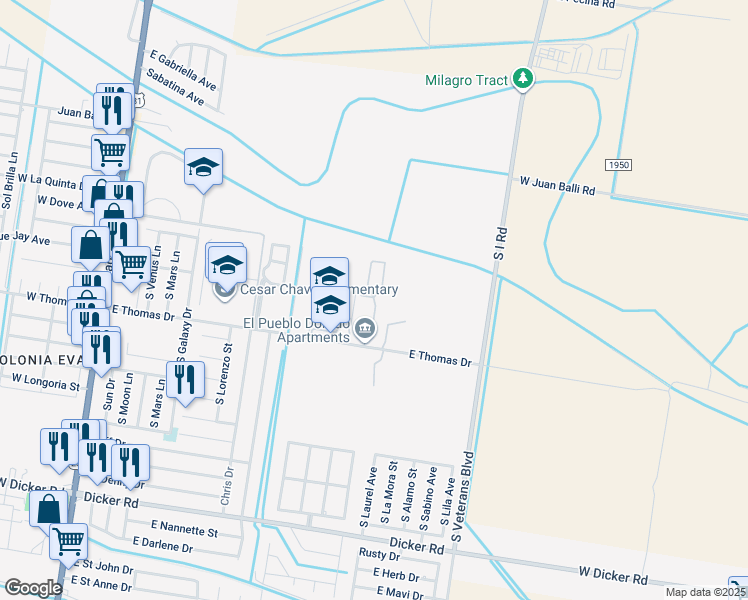 map of restaurants, bars, coffee shops, grocery stores, and more near 15 East Thomas Drive in Pharr
