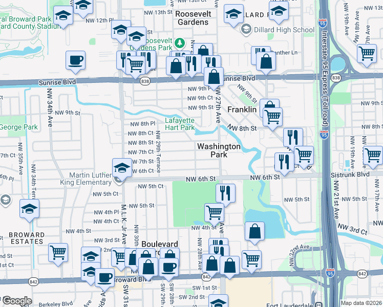 map of restaurants, bars, coffee shops, grocery stores, and more near 2810 Northwest 7th Street in Fort Lauderdale