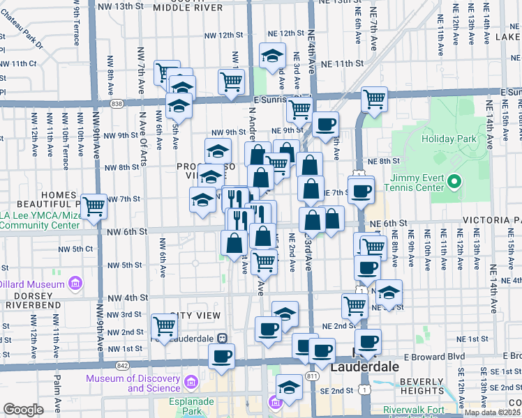 map of restaurants, bars, coffee shops, grocery stores, and more near 640 North Andrews Avenue in Fort Lauderdale