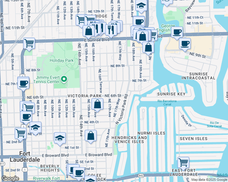 map of restaurants, bars, coffee shops, grocery stores, and more near 545 Northeast 17th Avenue in Fort Lauderdale