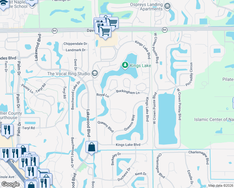 map of restaurants, bars, coffee shops, grocery stores, and more near 2112 Buckingham Lane in Naples