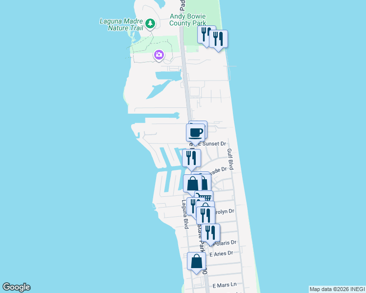 map of restaurants, bars, coffee shops, grocery stores, and more near 6001 Padre Boulevard in South Padre Island