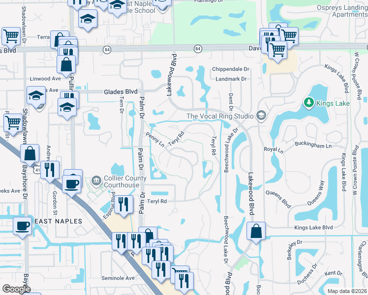 map of restaurants, bars, coffee shops, grocery stores, and more near 100 Wintergreen Way in Naples