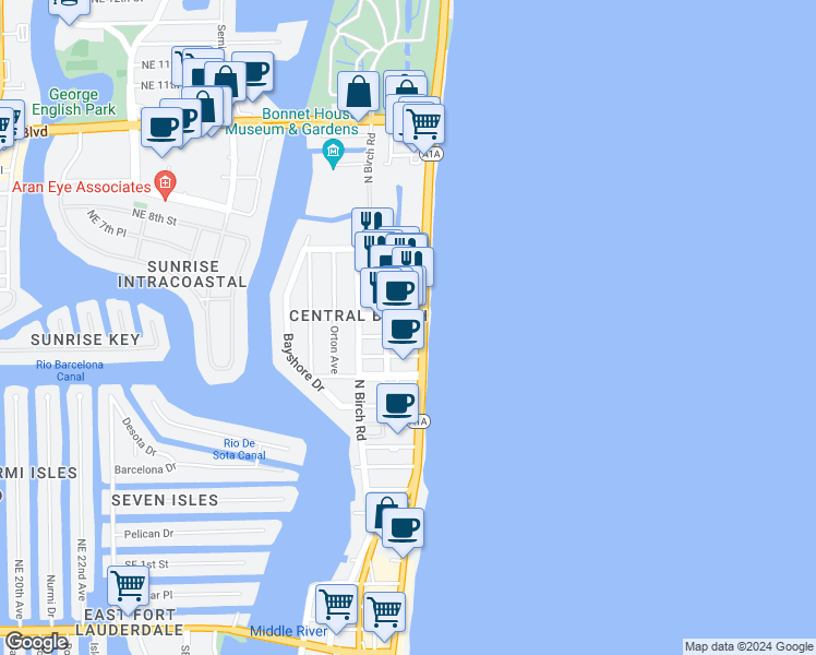map of restaurants, bars, coffee shops, grocery stores, and more near 600 Breakers Avenue in Fort Lauderdale