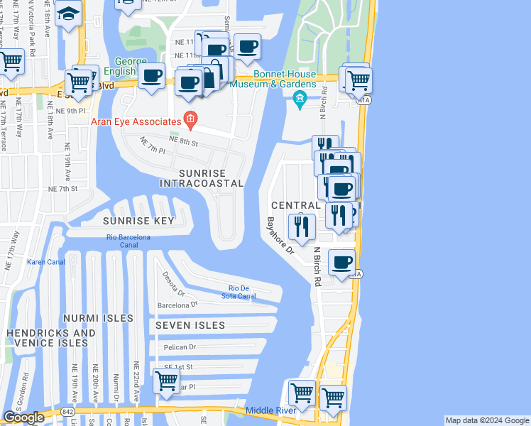 map of restaurants, bars, coffee shops, grocery stores, and more near 609 Bayshore Drive in Fort Lauderdale