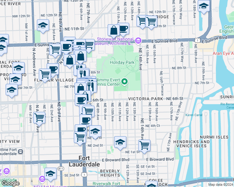 map of restaurants, bars, coffee shops, grocery stores, and more near 645 Northeast 10th Avenue in Fort Lauderdale