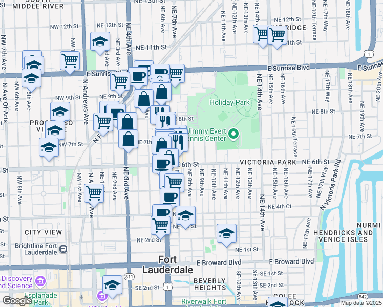 map of restaurants, bars, coffee shops, grocery stores, and more near 640 Northeast 7th Street in Fort Lauderdale