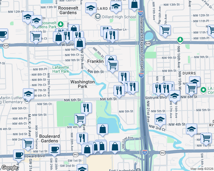 map of restaurants, bars, coffee shops, grocery stores, and more near 2406 Northwest 7th Street in Fort Lauderdale
