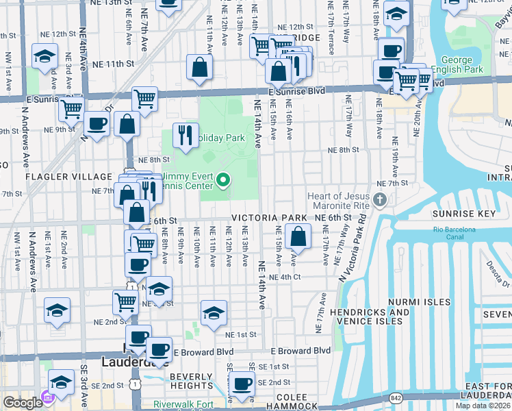 map of restaurants, bars, coffee shops, grocery stores, and more near 630 Northeast 13th Avenue in Fort Lauderdale