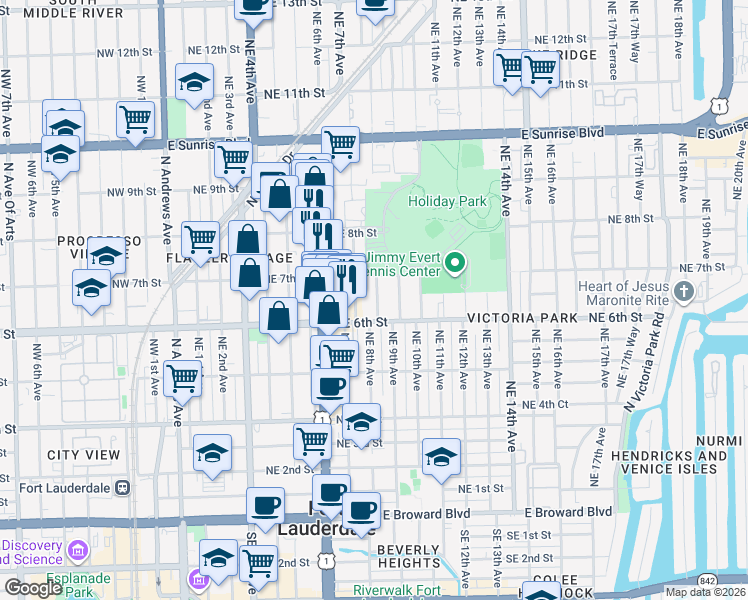 map of restaurants, bars, coffee shops, grocery stores, and more near 640 Northeast 7th Street in Fort Lauderdale