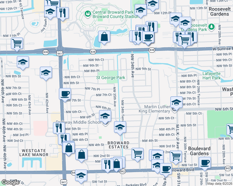 map of restaurants, bars, coffee shops, grocery stores, and more near 741 Northwest 34th Terrace in Fort Lauderdale