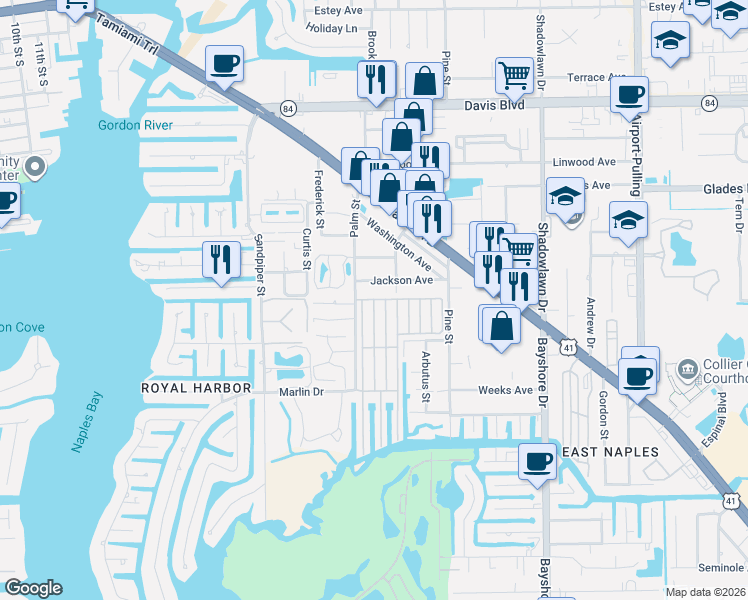 map of restaurants, bars, coffee shops, grocery stores, and more near 2301 Palm Street in Naples
