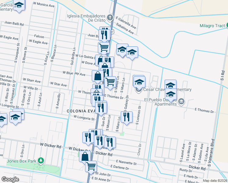 map of restaurants, bars, coffee shops, grocery stores, and more near 6406 South Venus Lane in Pharr