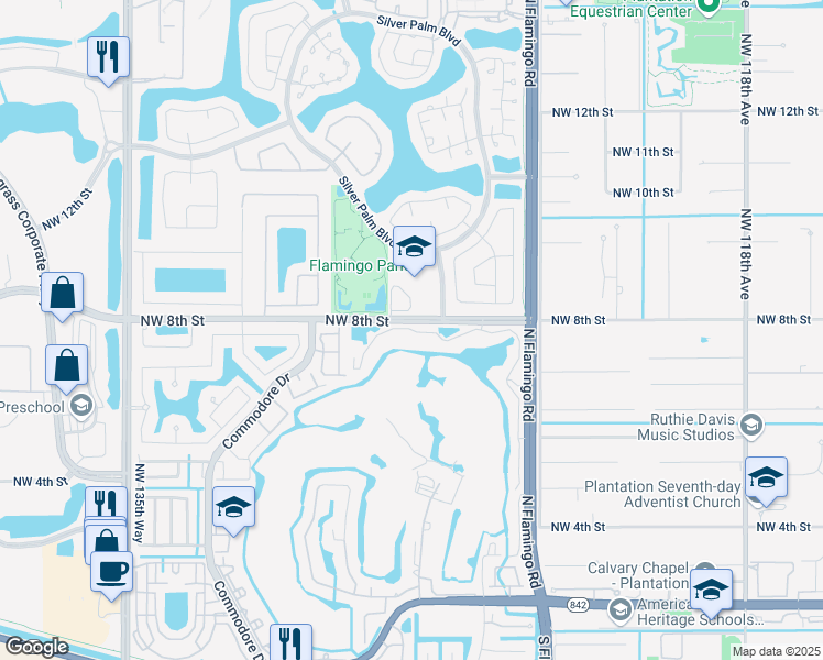 map of restaurants, bars, coffee shops, grocery stores, and more near 47 Vista Isles Drive in Plantation