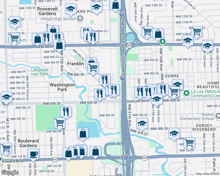 map of restaurants, bars, coffee shops, grocery stores, and more near 2151 Northwest 7th Street in Fort Lauderdale