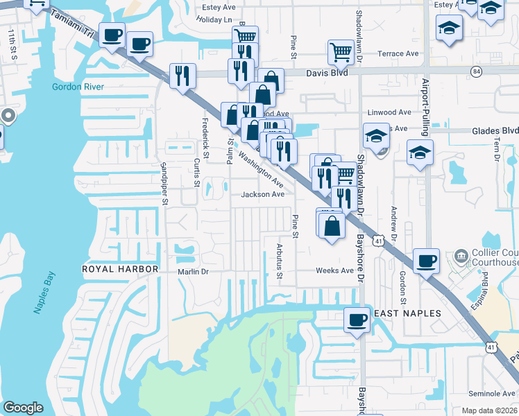 map of restaurants, bars, coffee shops, grocery stores, and more near 100 Pier East in Naples