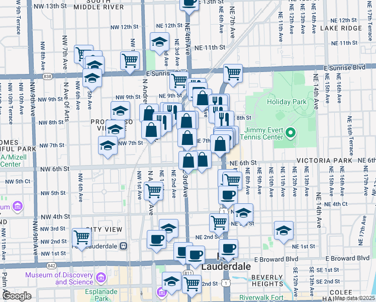 map of restaurants, bars, coffee shops, grocery stores, and more near 648 Northeast 3rd Avenue in Fort Lauderdale